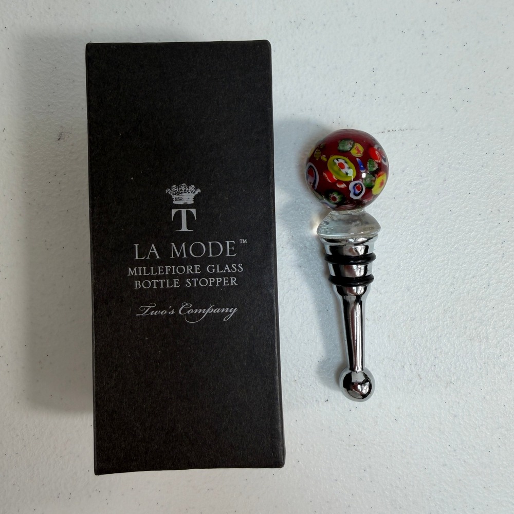 Two's Company OS Wine Bottle Stopper La Mode Millefiori Art Glass Red Silver